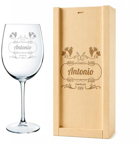 CALLE DEL REGALO Copas de vino personalizadas | Copas de vino de cristal de 58 cl (COSECHA, 1 COPA + MADERA)