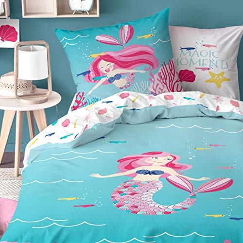 Meerjungfrau Mädchen Biber Bettwäsche · Kinderbettwäsche · MERMAID MAGIC MOMENTS · kuschelige Winterbettwäsche mit Wende Motiv - Kissenbezug 80x80 + Bettbezug 135x200 cm - 100% Baumwolle