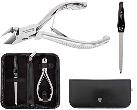DREI SCHWERTER Pediküre Set 2-tlg. mit extra stabiler Nagelzange Fußnagelzange Eckenzange Kopfschneider aus rostfreiem Edelstahl für Fußpflege, Markenqualität inkl. Feile