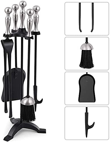 Amagabeli 5 Pezzi Set di Strumenti per Caminetti Set di Maniglie Dargento Porta Attrezzi, Paletta, Pinza, Scopetta, Attizzatoio, Set Attrezzi per Camino