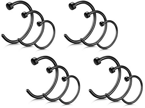 Rajnard 12er Nasenpiercing Nasenringe 18G/20G 6/8/10mm Chirurgenstahl Schwarz Fake Nasenring Nase Piercing Hoop Ring Schmuck Frauen Männer