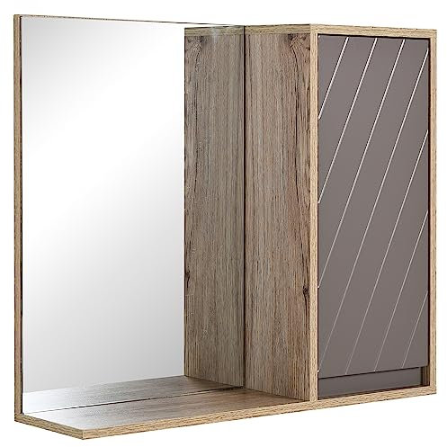 HOMCOM Miroir de Salle de Bain avec étagère et Placard - système Fixation intégré - Panneaux Particules chêne Clair Gris