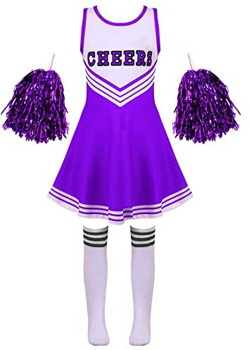 Nimiya Abito da Cheer Leader con Pom Pom Bambina Costumi da Cheerleading con Stampa 'Cheer' Uniforme Studentessa Ragazze Abiti da Danza Moderna + Calzini Ragazza Dress Viola 9-10 Anni