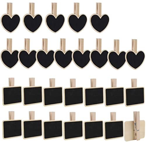 LATRAT 30 Stück Holztafel mit Klammer, Mini Klein Tafel Memotafel,Mini Holz Kreidetafel Clips, Tafelklammern Fotos Tischkarten Memo Clips für Hochzeit, Geburtstagsfeier Dekoration