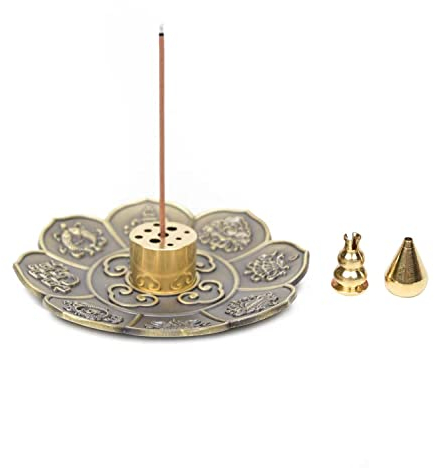 Aisimin Räucherstäbchenhalter-Set 4 in 1 Räuchergefäß mit Aschefänger aus Zinklegierung DREI Räucherstäbchenhalter Kupfer, Heimbüro (Eight Auspicious)