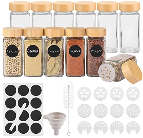 Withosent 12pcs Botes Especias Cristal, 120ml Hermeticos Tarros Cristal con Tapa de Madera de Rosca, Frascos Especiarias Cuadrados, Spice Jars con Tamiz, Etiquetas, Embudo