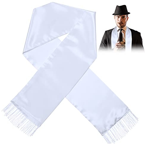 Geyoga White Scarf Men 1920's Scarf with Tassels Halloween Costume Long Shawl Fancy Dress 1920s Accessories for Men Women Outfit Gangster Cosplay Party Decoration Supplies