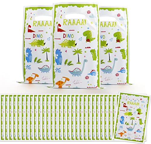 ASTARON 30 Pz Dinosauro Sacchetti Regalo di Compleanno per Bambini Party, Baby Shower Party Forniture di Plastica Goodie Bags per Bambini Bomboniere Dinosauro Party Decorazioni