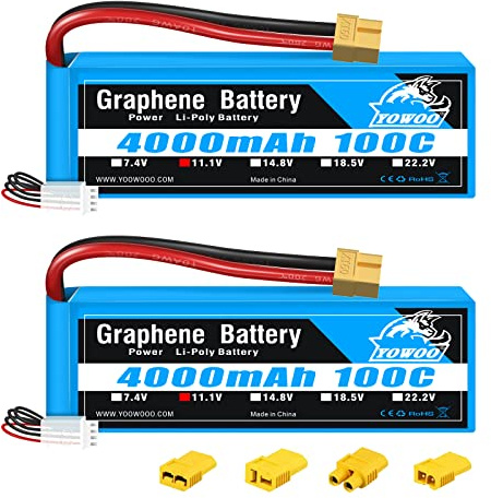 Yowoo 2 Pack 3S Lipo Akku 4000mAh 11.1V 100C Graphen Lipo Batterie mit XT60 Anschluss für RC Auto LKW Boot Flugzeug Hubschrauber Quadcopter (EC3 / Deans/Traxxas/Tamiya)