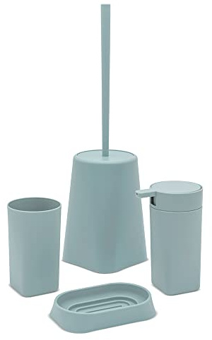 Set bagno accessori completo – 4 pezzi, kit accessori appoggio verde acqua, include dispenser, portaspazzolini, portasapone e scopino wc, linea Tender