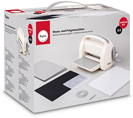 Rayher A4-stans- och präglingsmaskin med olika stansplattor och präglingsmallar, startkit, öppning 22,5 cm, 12 stycken, flexibel på grund av praktisk storlek, i praktisk bärlåda, 50275000, vit