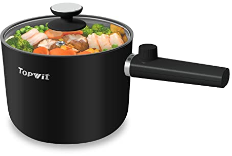 Topwit Hot Pot Electric, 1.5L Ramen Cooker, Portable Non-Stick Frying Pan, Electric Pot for Pasta, Steak, BPA Free, Electric Cooker with Dual Power Control, Over-Heating & Boil Dry Protection, Black