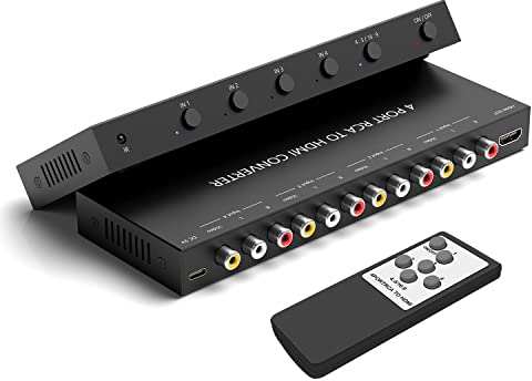 Wrugste 4 RCA auf HDMI Konverter,4 AV zu HDMI,Composite zu HDMI Adapter Unterstützung 16:9/4:3 Kompatibel mit WII/N64/PS2/PS3/VHS/VCR/DVD Player etc(4 AV in 1 HDMI Out)