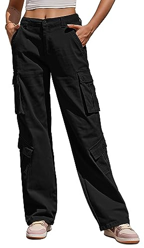 ZMPSIISA Women Pants High Waisted Cargo Pants Combat Military Wide Leg Casual Trousers 8 Pockets(Black,Medium)