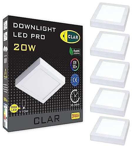 CLAR- Luminaire Plafonnier, Plafonnier LED, Lustre Chambre, Neon LED, Bureau Blanc, Plafonnier LED Salle de Bain, Luminaire Plafonnier LED 20W 3 ans de garantie (Pack 5)