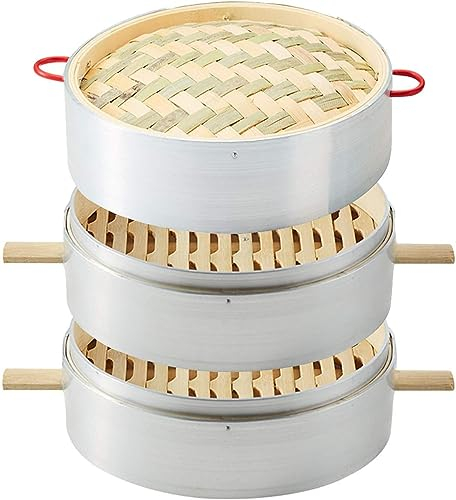 Handmade Bamboo Steamer, 7-13Inch Baskets, Healthy Cooking for Vegetables, Dim Sum Dumpling (Color : 2+1, Size : 28cm/11.02inch)