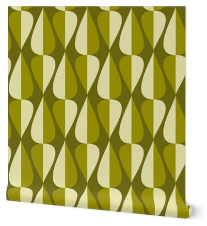 Peel & Stick Wallpaper Swatch - Green Retro Spades Mid Century Modern Vintage Cool 70S 60S Avocado Hourglass Teardrop Oval Custom Removable Wallpaper by Spoonflower
