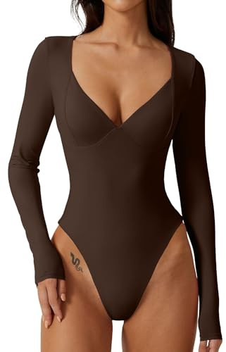 QINSEN Sexy Bodysuit for Women Sweetheart Neckline High Cut Thong Tops Long Sleeve Shirt Coffee Bean M