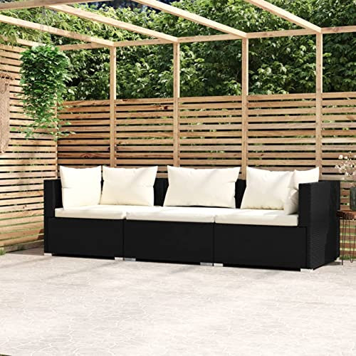 Camerina 3-Sitzer-Sofa mit Kissen Schwarz Poly Rattan Bodensofa Mit Schlaffunktion