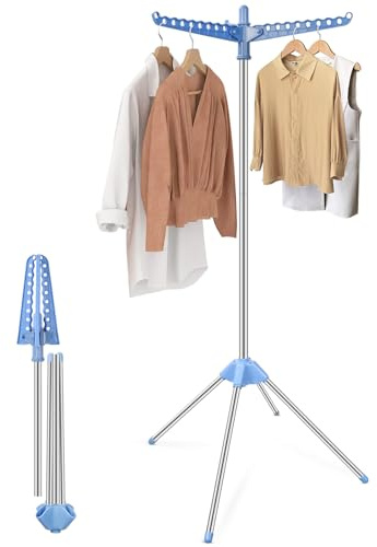 Chuboir Étendoir à linge avec 3 bras rotatifs pour cintres, support à linge pliable pour 27 vêtements, séchoir à linge en acier inoxydable pour intérieur, 144 cm, bleu argenté