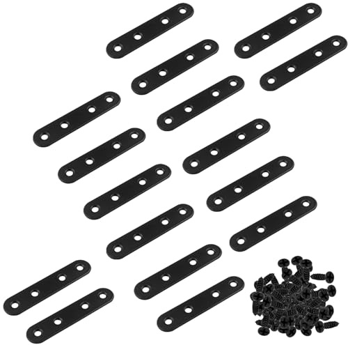 Hordion 16Pcs 3 Inch Straight Bracket Stainless Steel Brace, Flat Mending Plate Fixing Bracket Connector with Screw for Cabinet Furniture Joining Plate, Black