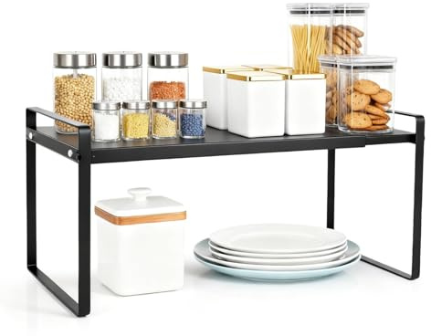 WOPPLXY Erweiterbarer Küchenschrank Organizer, 36-60 x 21 x 18 cm Verstellbarer Küchenregal Arbeitsplatte, Schwarz Metall Regaleinsatz für Küche Theken, Speisekammer und Badezimmer