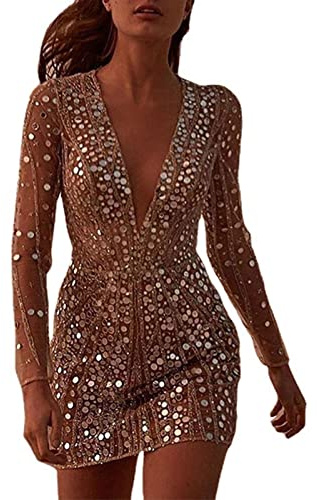 Vestido de mujer elegante curvy mangas largas/cortas, vestidos de fiesta de moda con lentejuelas, escote en V, vestido de cóctel, mini vestido, ropa en oferta, vestido de Navidad, dorado, XXL