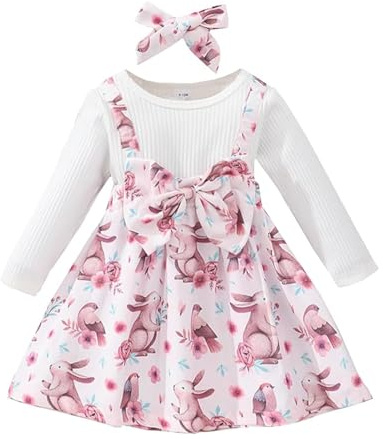 Verve Jelly Kleinkind Baby Mädchen „Mein erster Ostertag“-Outfit, langärmelig, Hasen-Druck, Rock, Prinzessin, Partykleid, Sommerkleidungsset mit Stirnband
