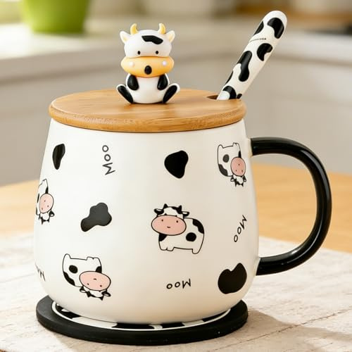 Disoza Taza Vaca Con Tapa Taza Vaca 420ml Taza Café Vaca Regalo Taza Cerámica Con Cuchara y Posavasos Taza Té Café Navidad Regalo Cumpleaños Esposa Novia Niños