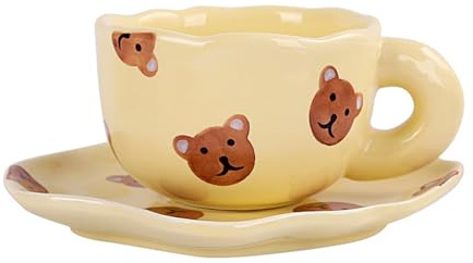 Soulnioi Ceramic Coffee Mug, Cute Cappuccino Cup and Saucer Set, 180ML Handpainting Tea Cup Milk Cup for Gift - Yellow Bear