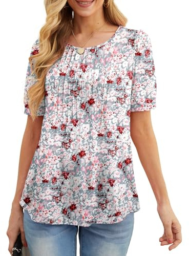 GRECERELLE Chemisiers et Blouses Femme Et Élégant Plissées Col Rond Manches Courtes Tunique Femme Été Mode Chemise Imprimé Floral Décontracté T-Shirts