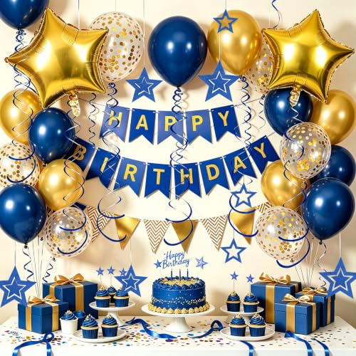 Geburtstagsdeko, Marineblau Happy Birthday Girlande, Hängend Stern und Hängend Wirbel Streamer, Gold Stern Luftballons, Wimpelkette Banner, Geburtstagsdeko für Männer Jungen
