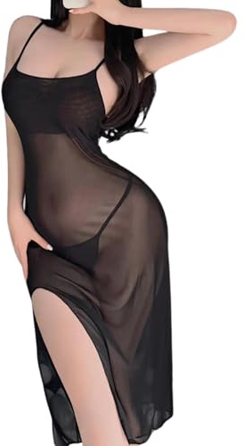 ROSVAJFY Abito Lungo Donna Spalline Sottili Sexy Vestiti Senza Maniche Spacco Alto Lingerie Babydoll Maglia Trasparente Camicia Notte Slim Senza Maniche Abito Cocktail Club Party (Nero, Taglia Unica)