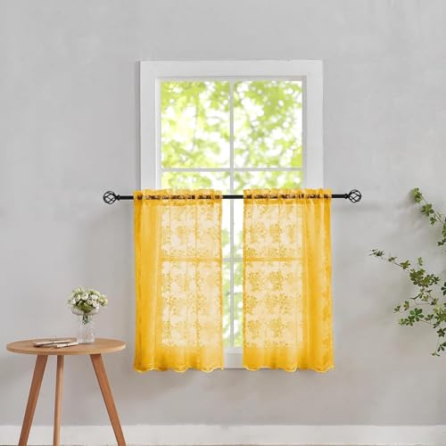 YJ YANJUN Tende per finestre piccole, 61 cm, 2 pannelli, in pizzo, mini tende filtranti per la luce, tende corte per bagno, lavanderia, cantina, tasca per asta, larghezza 66 x lunghezza 61 cm per