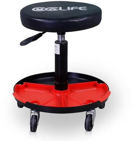 CCLIFE Werkstatthocker Rollhocker Tragk. 150 kg, Höhenverstellbar 380-500 mm, mit 2 abnehmbaren roten Kunststoffteilen