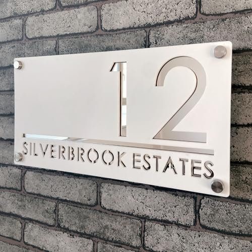 Personalisiertes Hausnummernschild aus Acryl, 3D, schwebende Zahlen, zweifarbig (Weiß und Silber), für den Innen- und Außenbereich, ideal für Zuhause, Hotels, Apartments und Geschäft