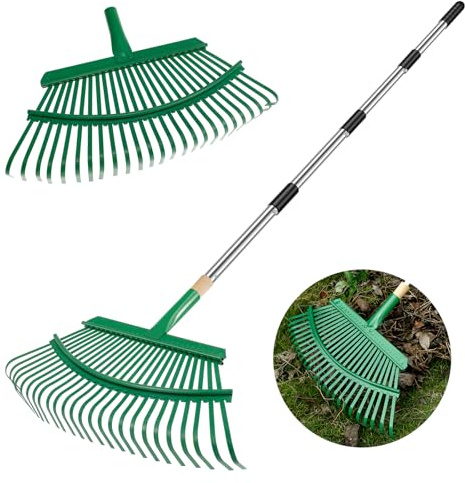 IXTIX Laubrechen mit Stiel, Gartenrechen mit Verstellbarer Metallstange, Extra Langer und Breiter Fächerbesen aus Metall, Rasenrechen zum Reinigen von Pflanzen, Rasenflächen und Terrassen