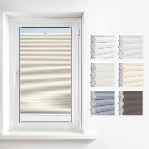 Estika Wabenplissee mit Bohren 75x200 cm Farbe: Beige Verdunkelung und Thermo Plissee für Fenster in verschiedenen Waben erhältlich mit Montagezubehör
