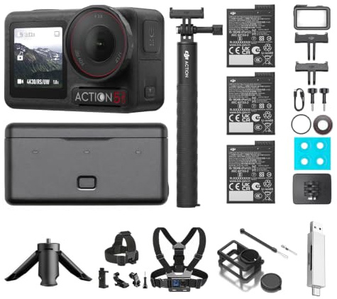 DJI Osmo Action 5 Pro Adventure Combo Mehrere Zubehörteile Bundle, Action Cam 4K mit 1/1.3 Sensor, 12 Std. verlängerte Akkulaufzeit mit 3 Akkus, Zwei OLED Touchscreens, Unterwasserkamera