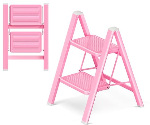 GameGem Escabeau pliable à 2 marches avec pédale antidérapante | Escabeau portable en acier au carbone robuste, pieds antidérapants, pour la cuisine à la maison, rose
