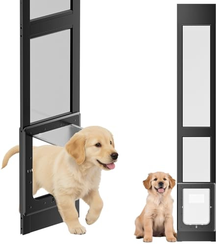 Dog Door for Sliding Glass Door with Magnetic Plastic Flat, Sliding Door Pet Doggie Door Insert with Lock, Adjustable Height No-Cut Required Doggy Door Access for Renters, Apartments, Patio (Black, S)