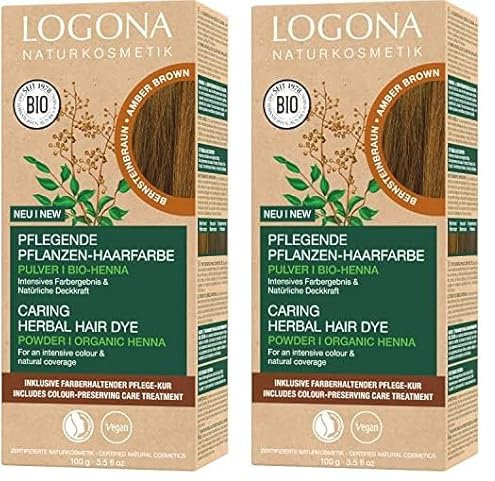 LOGONA Naturkosmetik Pflegende pflanzliche Haarfarbe, Veganes Haarfarbe-Pulver mit Bio-Henna für intensive Farbe und Glanz, Pflanzenhaarfarbe in Bernsteinbraun (Braun), 1 x 100g (Packung mit 2)