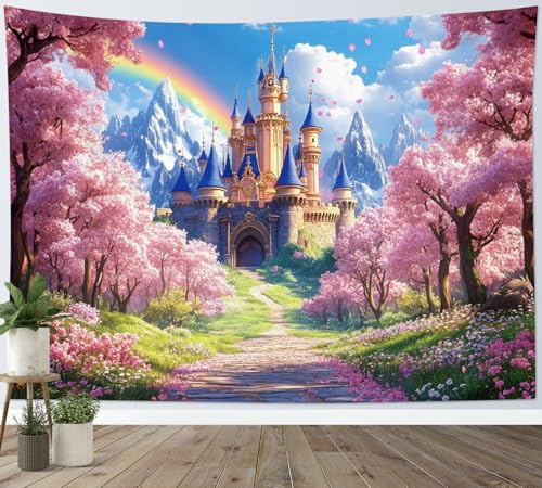 LB Wandteppich Märchenhaftes blaues Schloss Wandtuch für Kinder Rosa Blumenbaum Wandbehang Natur Regenbogen Schneeberg Tapisserie für Wohnzimmer Schlafzimmer Wohnheim Wanddeko,150x100cm