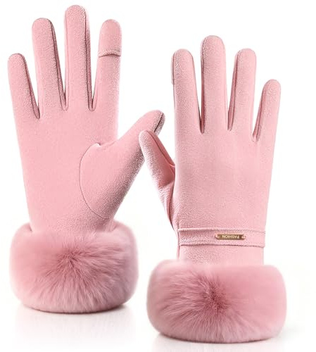 Women Winter Warm Gloves, Suede Leather Thick Fleece Lined Glove, Thermal Touchscreen Gloves Ladies Winter Gifts for Dressing Cycling Skiing Running Outdoor Sports (Gold Label Pink)