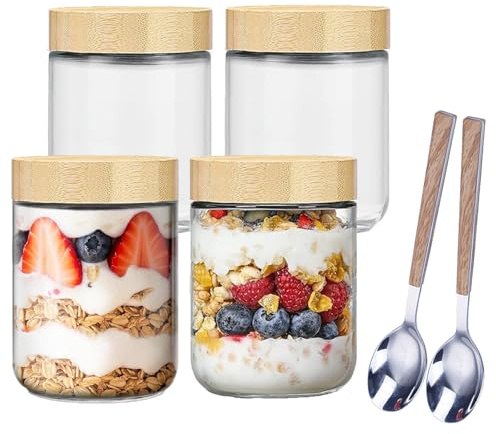 Pots pour Overnight Oats, 4 Pieces 500 ml Bocaux de Conservation en Verre, Bocaux avec Couvercles Filetés avec 2 Pieces Cuillère en Acier Inoxydable, pour Réfrigérateur, Table à Manger, Cuisine