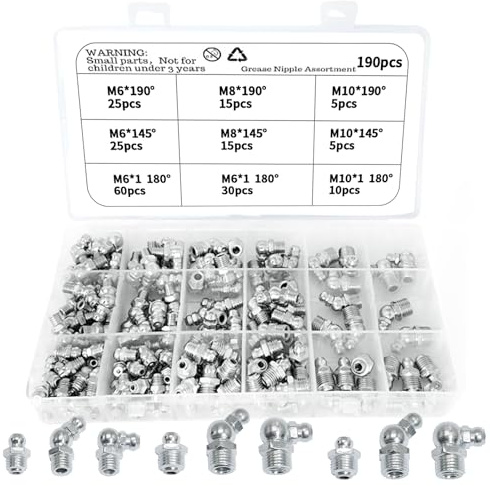 190 STK Schmiernippel Sortiment, M6 M8 M10 Schmiernippel Set für Fettpresse Gerade und Abgewinkelt 45 ° 90 ° 180 ° Hydraulik Fettnippel Vernickeltes Eisen Kegelschmiernippel