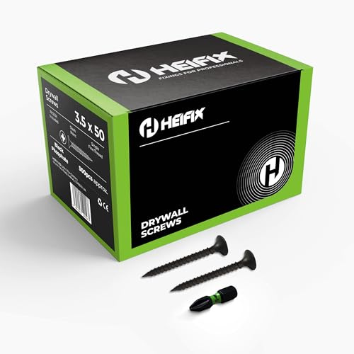 Heifix Drywall Plasterboard Screws - FREE PH2 Screw Bit Included - Black Phosphate Single Fine Thread (QTY 500, 3.5 x 50mm)