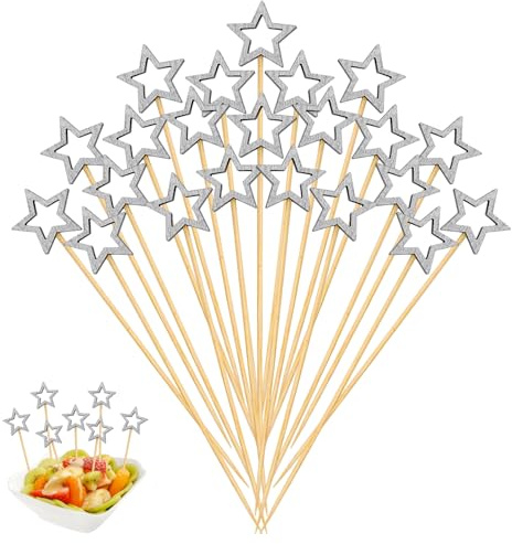 100 Pic Brochette à Cocktail en Bois en Forme Pentacle Pique Aperitif Brochette de Fruits Décoration de Fête pour Cupcakes Gâteau Fruit Collation Noël Nouvelle Année Carnaval (Argent)