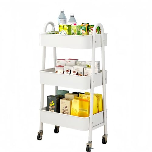 Dormitorio Carro Almacenamiento Multifuncional Organizador Ruedas Giratorias 360° Oficina lavandería Cocina Salón Ahorra Espacio Estructura Metálica + Cesta PP