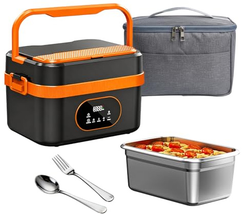 TECKZOON Fiambrera Eléctrica con Batería de 18.000 mAh, Fiambrera Térmica de 1,5 L de Acero Inoxidable 304, Calentamiento Rápido de 60 W, Recipiente Extraíble con Tenedor & Cuchara